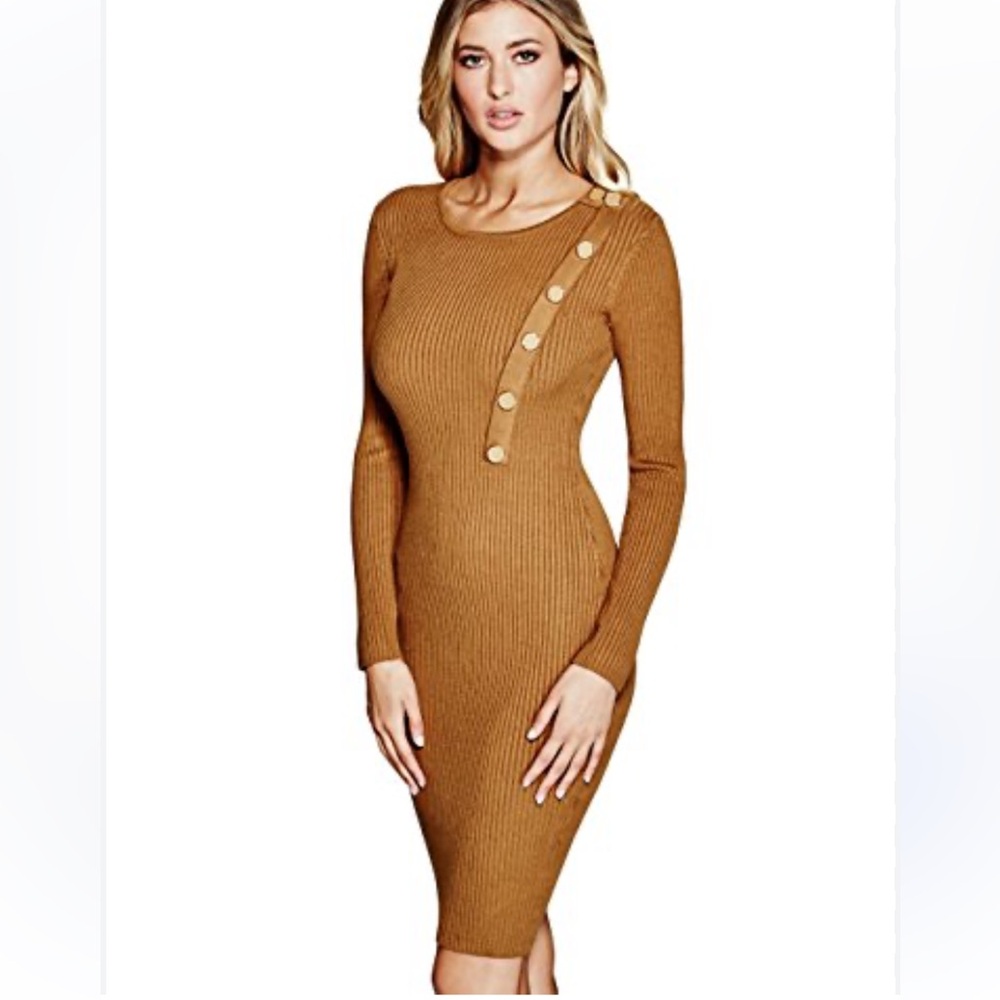 Marciano Belle Ribbed Long Sleeve Sweater Dress Button Detail Camel Tan